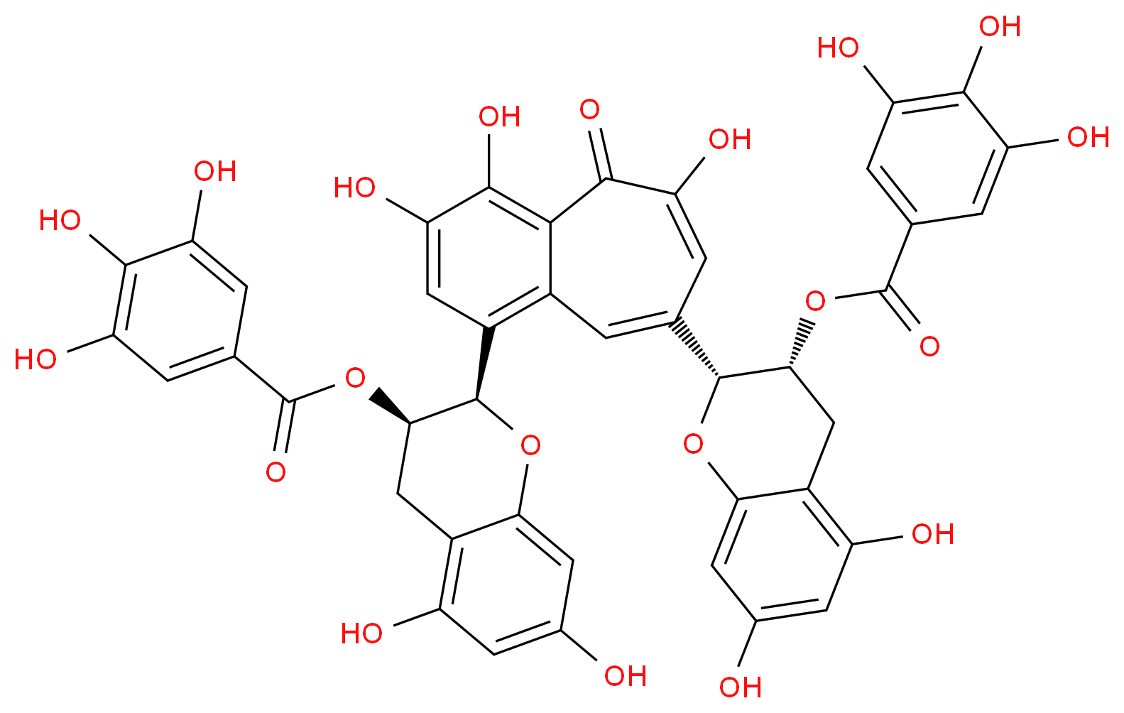 (2R,3R)-2-{8-[(2R,3R)-5,7-dihydroxy-3-(3,4,5-trihydroxybenzoyloxy)-3,4-dihydro-2H-1-benzopyran-2-yl]-3,4,6-trihydroxy-5-oxo-5H-benzo[7]annulen-1-yl}-5,7-dihydroxy-3,4-dihydro-2H-1-benzopyran-3-yl 3,4,5-trihydroxybenzoate_分子结构_CAS_30462-35-2