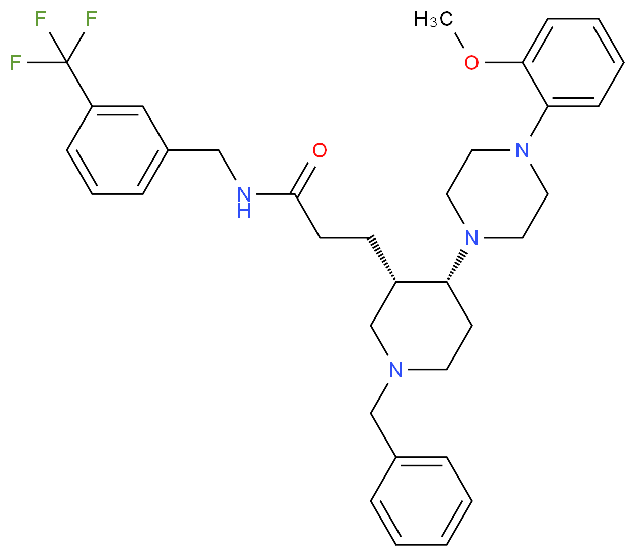 3-{(3S*,4R*)-1-benzyl-4-[4-(2-methoxyphenyl)-1-piperazinyl]-3-piperidinyl}-N-[3-(trifluoromethyl)benzyl]propanamide_分子结构_CAS_)