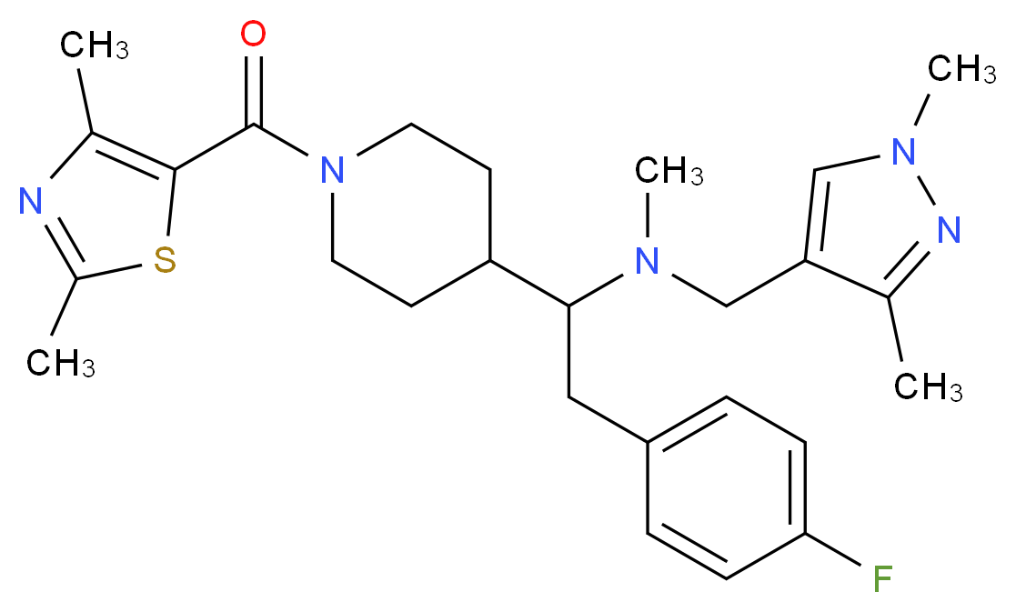 N-[(1,3-dimethyl-1H-pyrazol-4-yl)methyl]-1-{1-[(2,4-dimethyl-1,3-thiazol-5-yl)carbonyl]-4-piperidinyl}-2-(4-fluorophenyl)-N-methylethanamine_分子结构_CAS_)