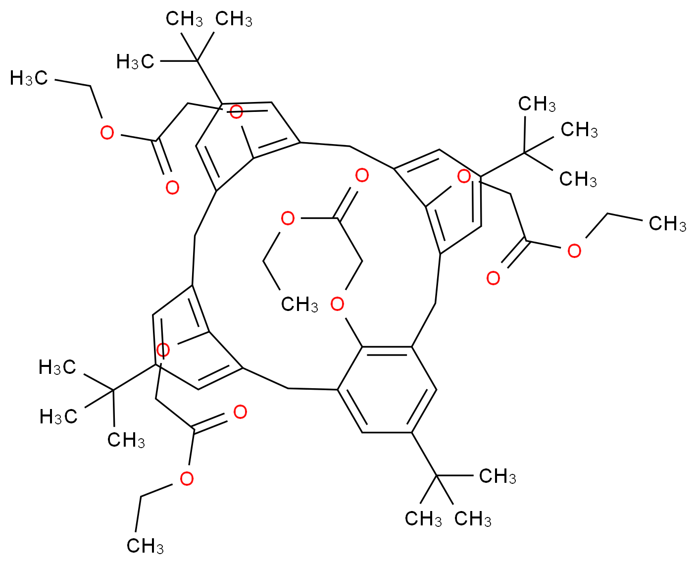 ethyl 2-{[5,11,17,23-tetra-tert-butyl-26,27,28-tris(2-ethoxy-2-oxoethoxy)pentacyclo[19.3.1.1<sup>3</sup>,<sup>7</sup>.1<sup>9</sup>,<sup>1</sup><sup>3</sup>.1<sup>1</sup><sup>5</sup>,<sup>1</sup><sup>9</sup>]octacosa-1(25),3(28),4,6,9(27),10,12,15(26),16,18,21,23-dodecaen-25-yl]oxy}acetate_分子结构_CAS_97600-39-0