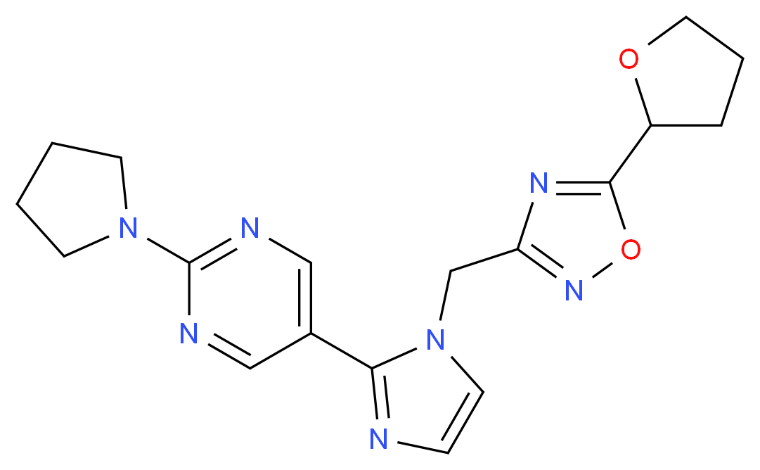 2-pyrrolidin-1-yl-5-(1-{[5-(tetrahydrofuran-2-yl)-1,2,4-oxadiazol-3-yl]methyl}-1H-imidazol-2-yl)pyrimidine_分子结构_CAS_)