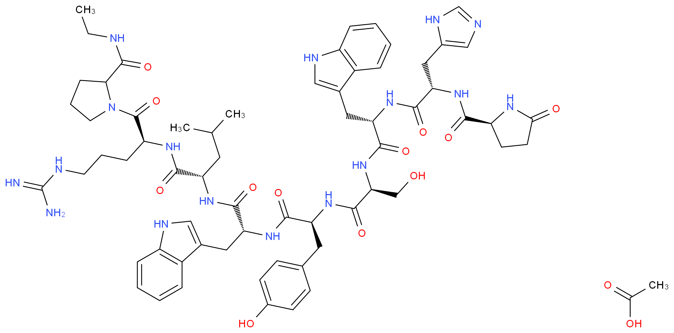 1-[(2S)-5-carbamimidamido-2-[(2S)-2-[(2R)-2-[(2S)-2-[(2S)-3-hydroxy-2-[(2S)-2-[(2S)-3-(1H-imidazol-5-yl)-2-{[(2S)-5-oxopyrrolidin-2-yl]formamido}propanamido]-3-(1H-indol-3-yl)propanamido]propanamido]-3-(4-hydroxyphenyl)propanamido]-3-(1H-indol-3-yl)propanamido]-4-methylpentanamido]pentanoyl]-N-ethylpyrrolidine-2-carboxamide; acetic acid_分子结构_CAS_82318-06-7