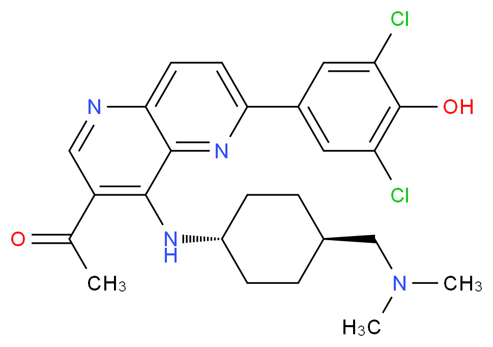 1-[6-(3,5-dichloro-4-hydroxyphenyl)-4-{[(1r,4r)-4-[(dimethylamino)methyl]cyclohexyl]amino}-1,5-naphthyridin-3-yl]ethan-1-one_分子结构_CAS_1431697-89-0