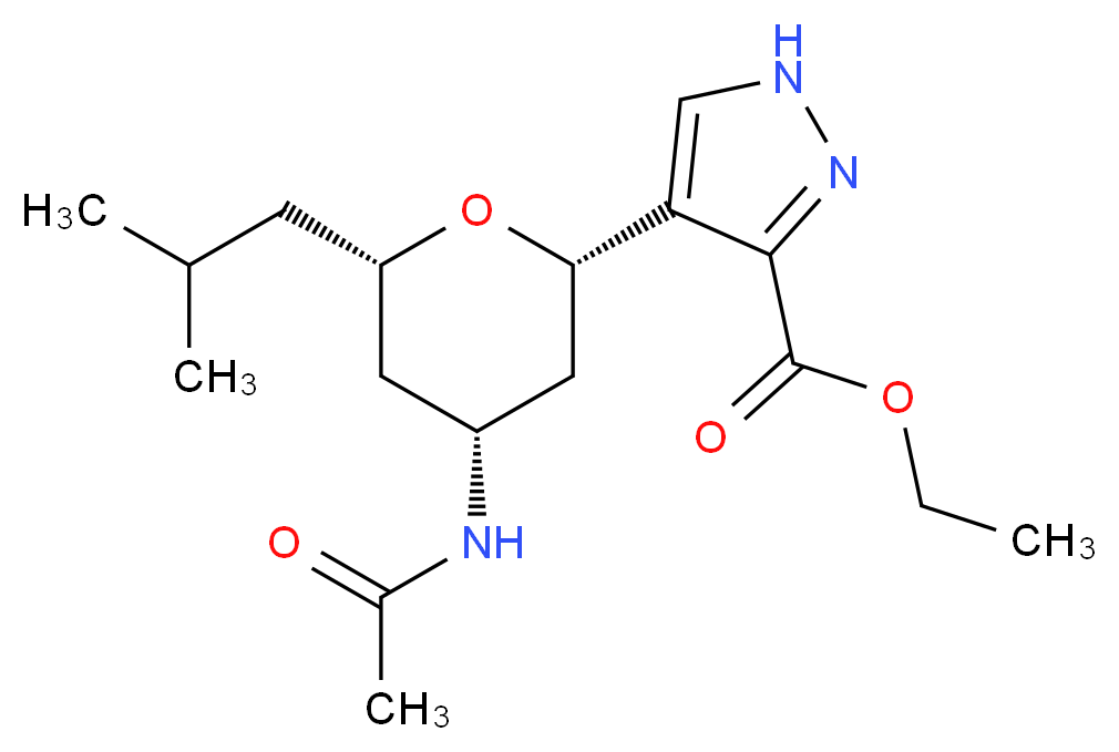 ethyl 4-[(2S*,4R*,6S*)-4-(acetylamino)-6-isobutyltetrahydro-2H-pyran-2-yl]-1H-pyrazole-3-carboxylate_分子结构_CAS_)