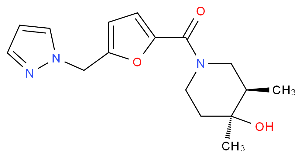 (3R*,4S*)-3,4-dimethyl-1-[5-(1H-pyrazol-1-ylmethyl)-2-furoyl]piperidin-4-ol_分子结构_CAS_)