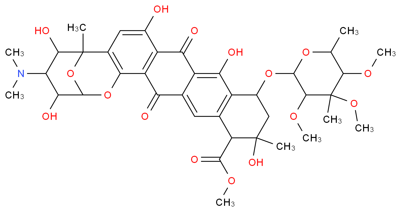 methyl 23-(dimethylamino)-4,8,12,22,24-pentahydroxy-1,12-dimethyl-6,17-dioxo-10-[(3,4,5-trimethoxy-4,6-dimethyloxan-2-yl)oxy]-20,25-dioxahexacyclo[19.3.1.0<sup>2</sup>,<sup>1</sup><sup>9</sup>.0<sup>5</sup>,<sup>1</sup><sup>8</sup>.0<sup>7</sup>,<sup>1</sup><sup>6</sup>.0<sup>9</sup>,<sup>1</sup><sup>4</sup>]pentacosa-2(19),3,5(18),7,9(14),15-hexaene-13-carboxylate_分子结构_CAS_1404-15-5