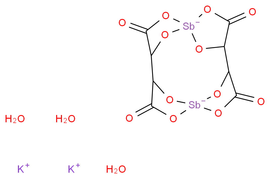 dipotassium 3,6,10,13-tetraoxo-2,7,9,14,15,16,17,18-octaoxa-1,8-distibapentacyclo[10.2.1.1<sup>1</sup>,<sup>4</sup>.1<sup>5</sup>,<sup>8</sup>.1<sup>8</sup>,<sup>1</sup><sup>1</sup>]octadecane-1,8-diuide trihydrate_分子结构_CAS_28300-74-5