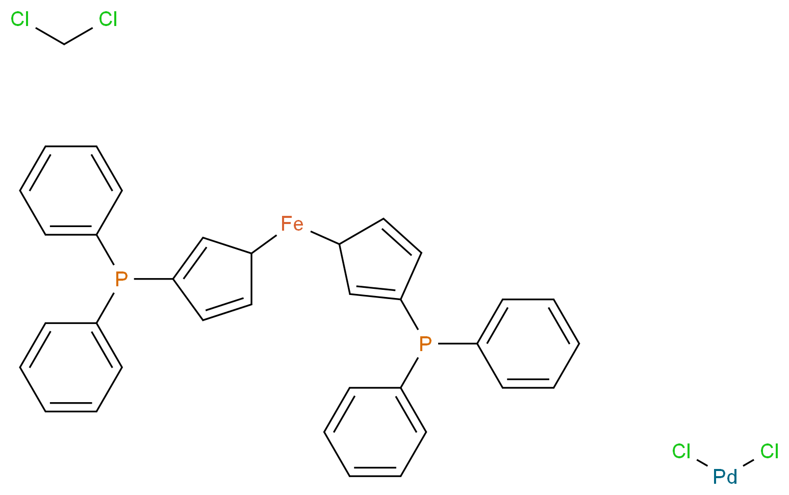 bis[3-(diphenylphosphanyl)cyclopenta-2,4-dien-1-yl]iron; dichloromethane; dichloropalladium_分子结构_CAS_95464-05-4