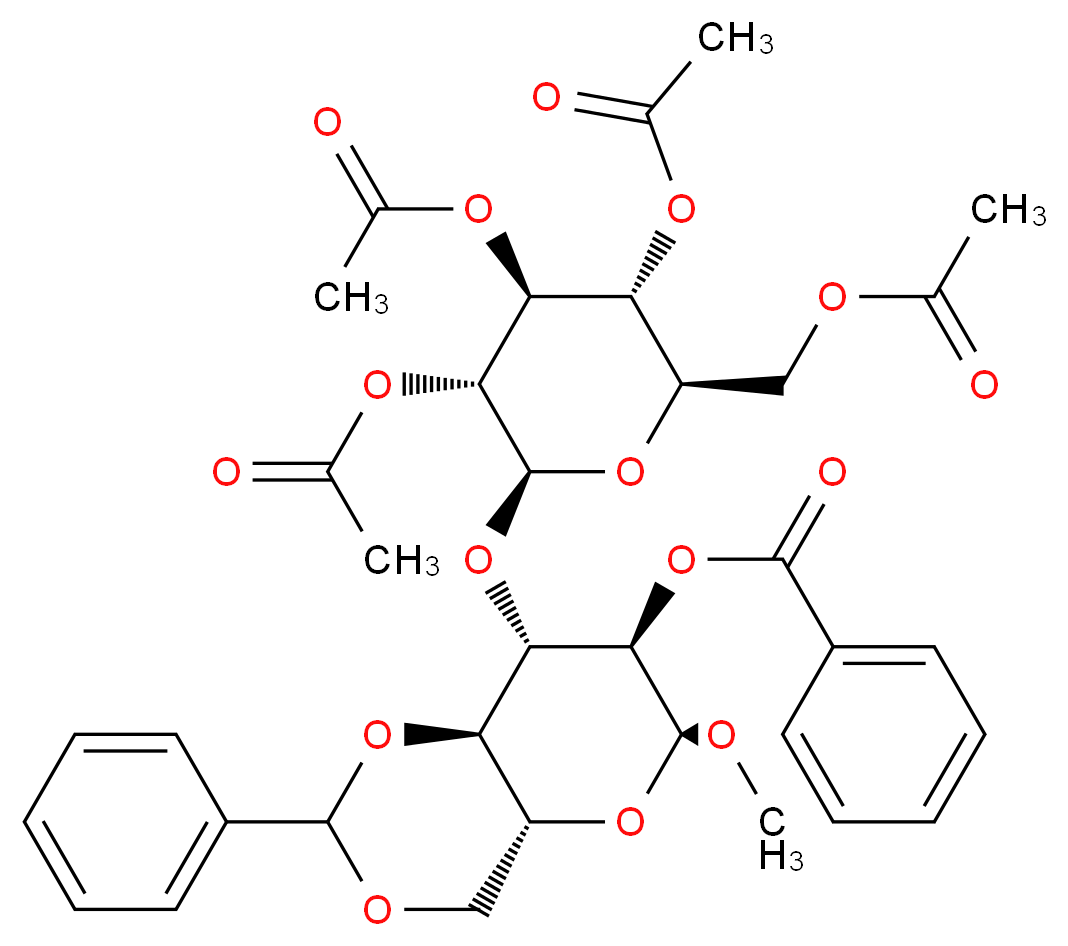 Methyl 4,6-Di-O-benzylidene-2-O-benzoyl-3-O-(2,3,4,6-tetra-O-acetyl-β-D-glucopyranosid)-α-D-glucopyranoside_分子结构_CAS_71238-93-2)
