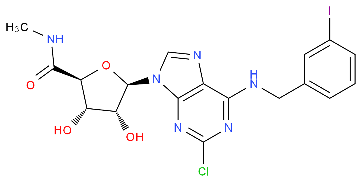 (2S,3S,4R,5R)-5-(2-chloro-6-{[(3-iodophenyl)methyl]amino}-9H-purin-9-yl)-3,4-dihydroxy-N-methyloxolane-2-carboxamide_分子结构_CAS_163042-96-4