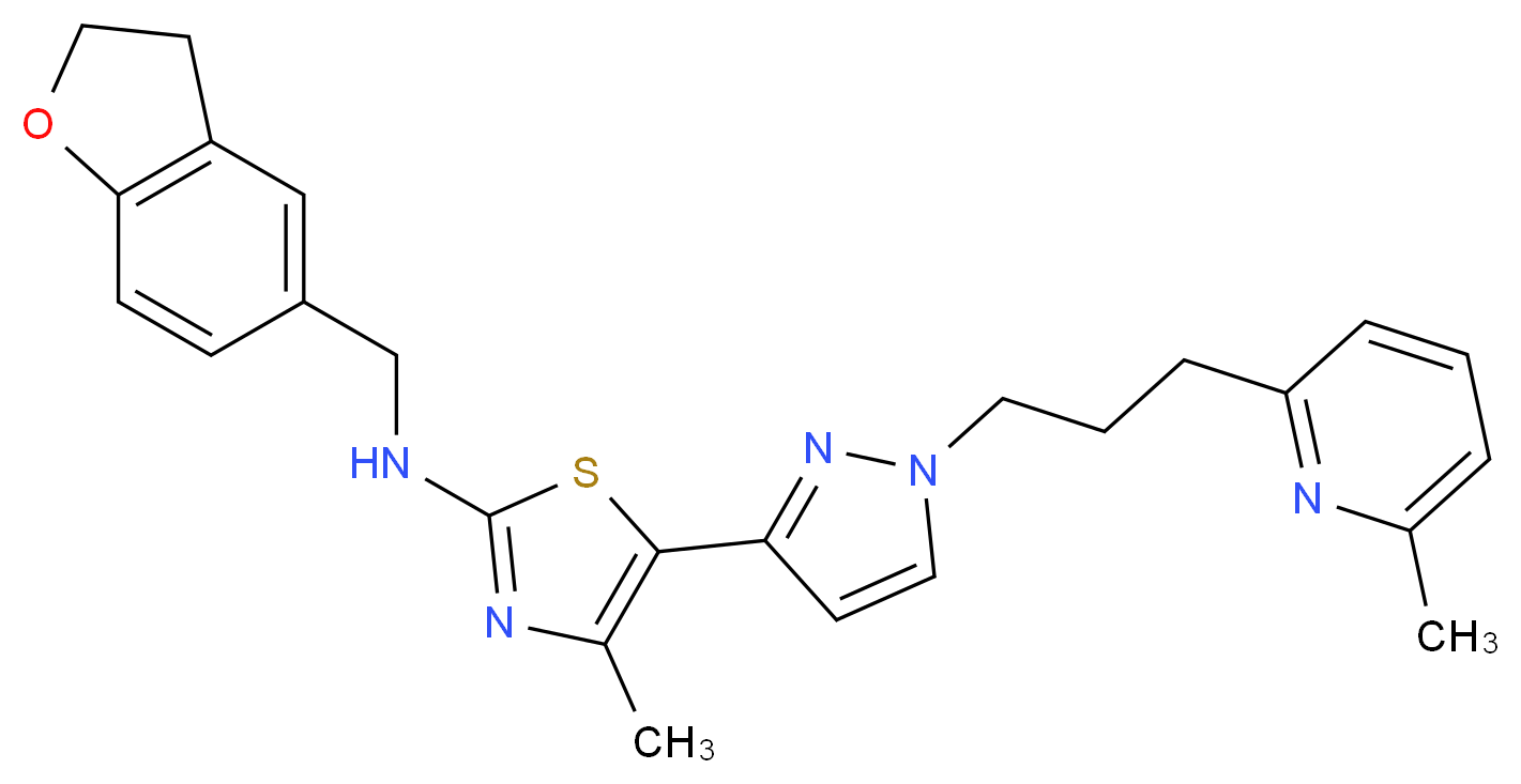 N-(2,3-dihydro-1-benzofuran-5-ylmethyl)-4-methyl-5-{1-[3-(6-methyl-2-pyridinyl)propyl]-1H-pyrazol-3-yl}-1,3-thiazol-2-amine_分子结构_CAS_)