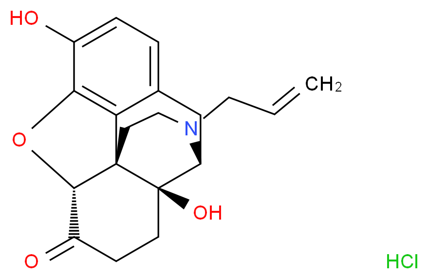 (1S,5R,13R,17S)-10,17-dihydroxy-4-(prop-2-en-1-yl)-12-oxa-4-azapentacyclo[9.6.1.0<sup>1</sup>,<sup>1</sup><sup>3</sup>.0<sup>5</sup>,<sup>1</sup><sup>7</sup>.0<sup>7</sup>,<sup>1</sup><sup>8</sup>]octadeca-7(18),8,10-trien-14-one hydrochloride_分子结构_CAS_357-08-4