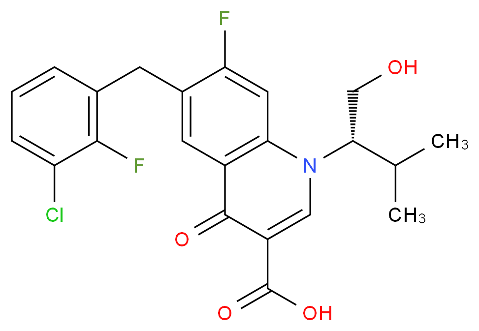 6-[(3-chloro-2-fluorophenyl)methyl]-7-fluoro-1-[(2S)-1-hydroxy-3-methylbutan-2-yl]-4-oxo-1,4-dihydroquinoline-3-carboxylic acid_分子结构_CAS_869893-92-5