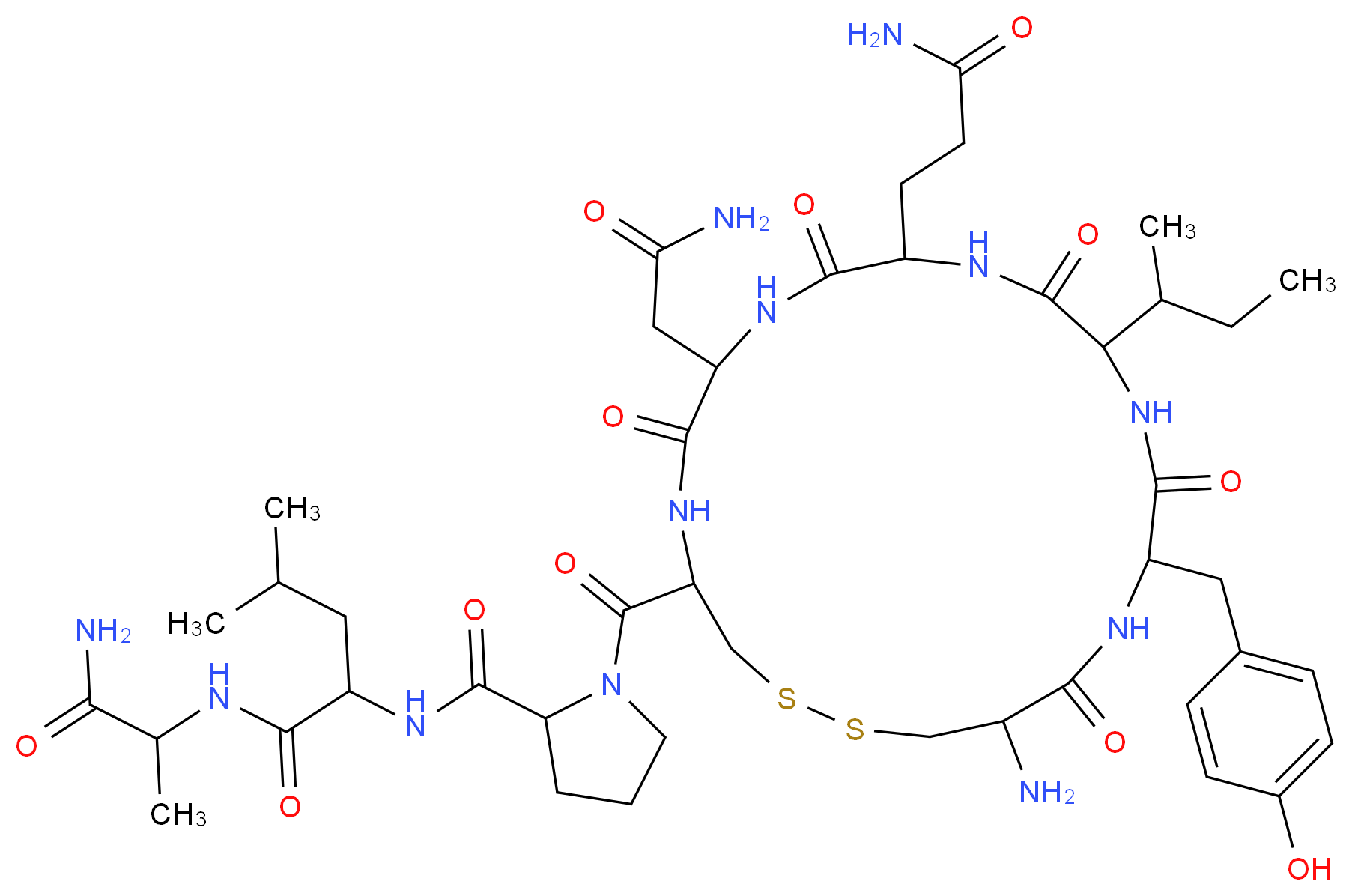 2-({1-[19-amino-13-(butan-2-yl)-10-(2-carbamoylethyl)-7-(carbamoylmethyl)-16-[(4-hydroxyphenyl)methyl]-6,9,12,15,18-pentaoxo-1,2-dithia-5,8,11,14,17-pentaazacycloicosane-4-carbonyl]pyrrolidin-2-yl}formamido)-N-(1-carbamoylethyl)-4-methylpentanamide_分子结构_CAS_50-56-6