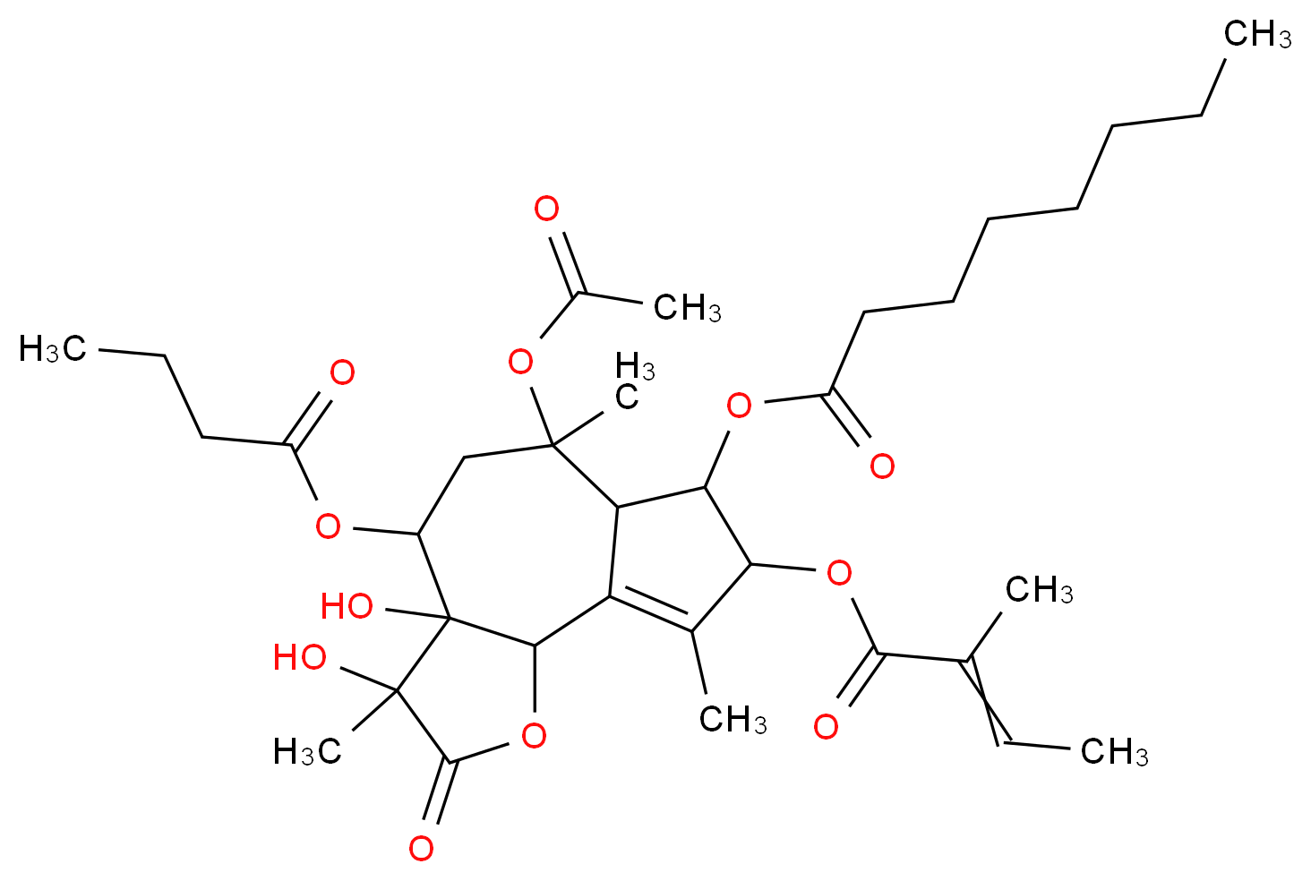 6-(acetyloxy)-4-(butanoyloxy)-3,3a-dihydroxy-3,6,9-trimethyl-8-[(2-methylbut-2-enoyl)oxy]-2-oxo-2H,3H,3aH,4H,5H,6H,6aH,7H,8H,9bH-azuleno[4,5-b]furan-7-yl octanoate_分子结构_CAS_67526-95-8