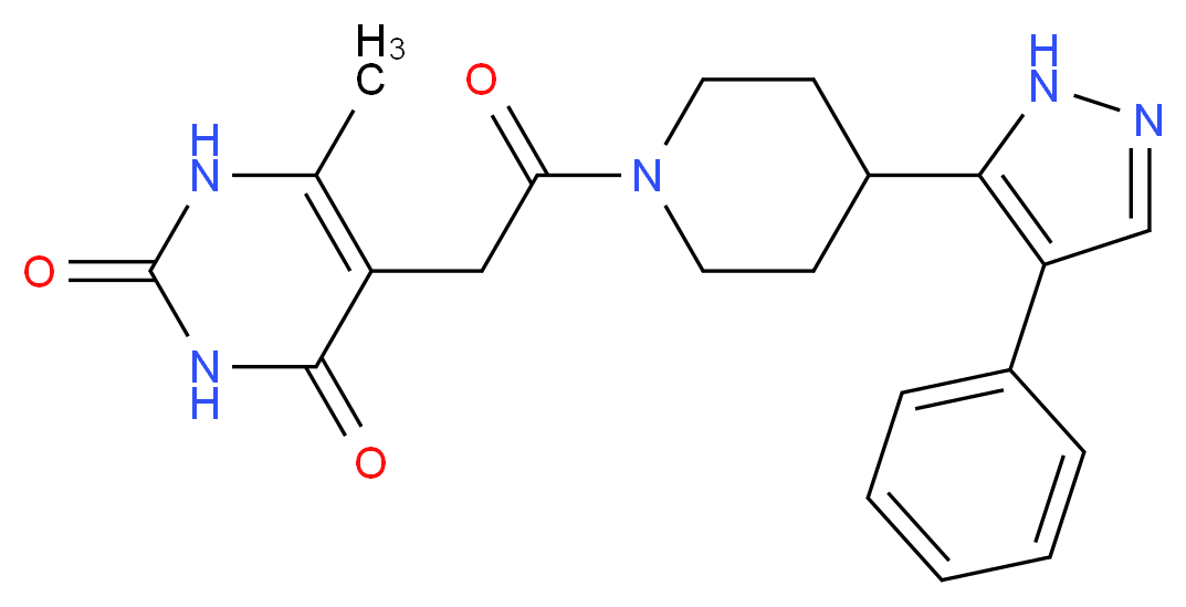 6-methyl-5-{2-oxo-2-[4-(4-phenyl-1H-pyrazol-5-yl)piperidin-1-yl]ethyl}pyrimidine-2,4(1H,3H)-dione_分子结构_CAS_)