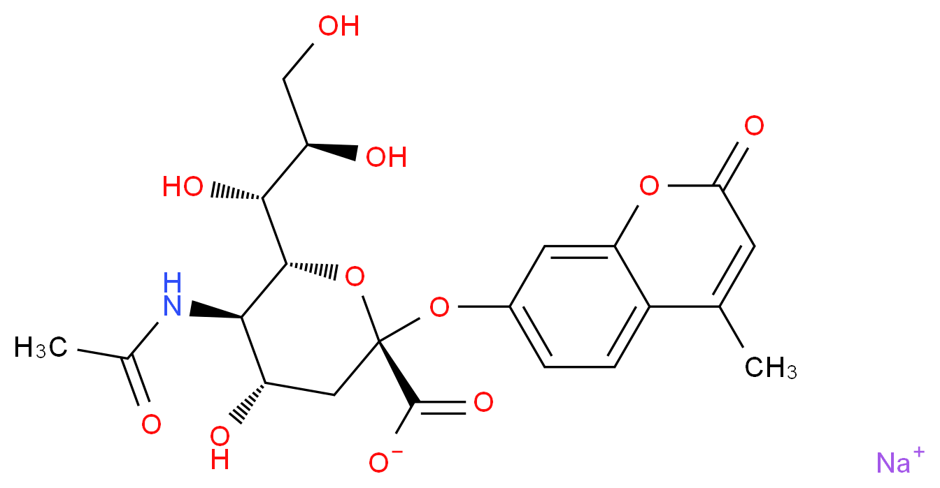 sodium (2S,4S,5R,6R)-5-acetamido-4-hydroxy-2-[(4-methyl-2-oxo-2H-chromen-7-yl)oxy]-6-[(1R,2R)-1,2,3-trihydroxypropyl]oxane-2-carboxylate_分子结构_CAS_76204-02-9