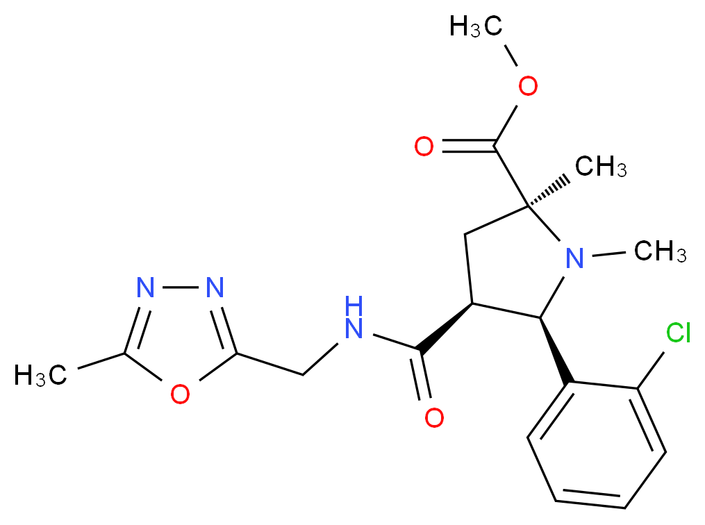methyl (2S*,4S*,5R*)-5-(2-chlorophenyl)-1,2-dimethyl-4-({[(5-methyl-1,3,4-oxadiazol-2-yl)methyl]amino}carbonyl)-2-pyrrolidinecarboxylate_分子结构_CAS_)