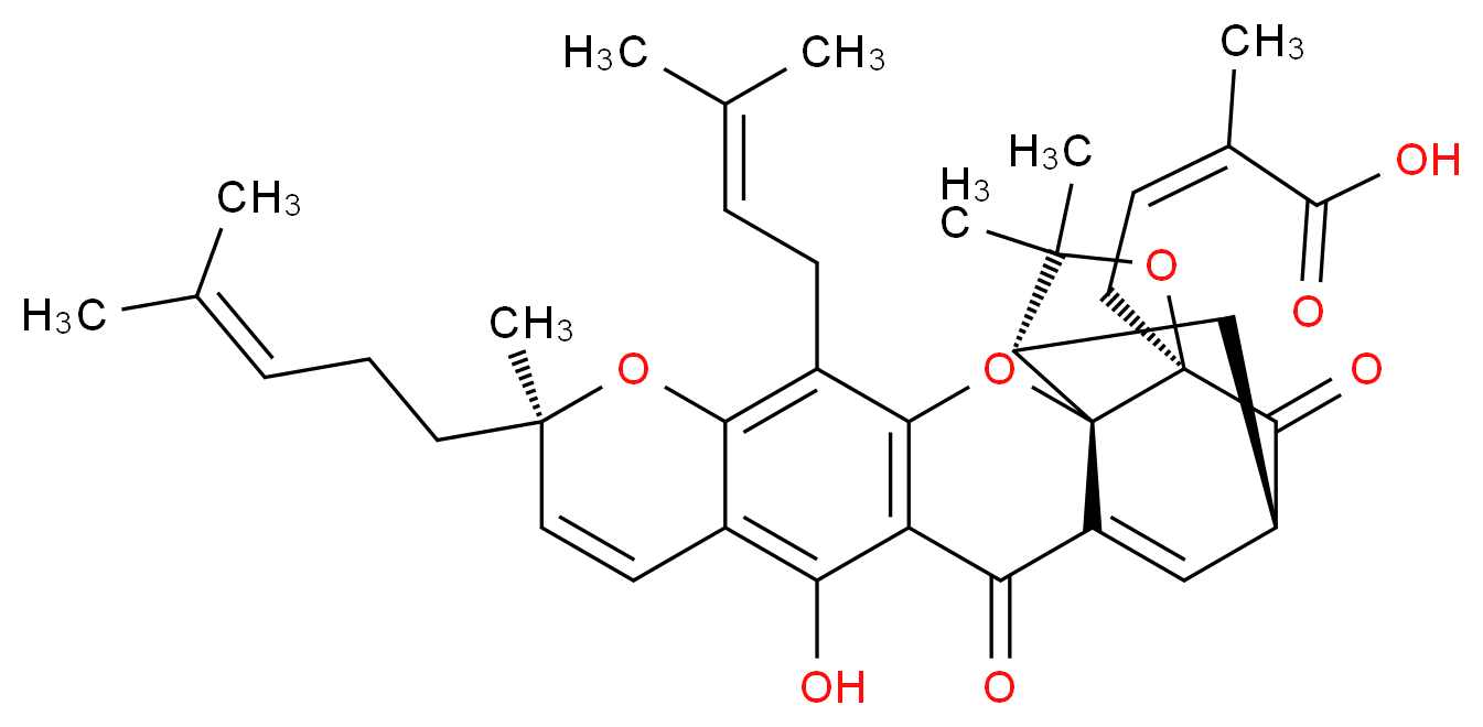 (2Z)-4-[(1S,2S,8R,17S,19R)-12-hydroxy-8,21,21-trimethyl-5-(3-methylbut-2-en-1-yl)-8-(4-methylpent-3-en-1-yl)-14,18-dioxo-3,7,20-trioxahexacyclo[15.4.1.0<sup>2</sup>,<sup>1</sup><sup>5</sup>.0<sup>2</sup>,<sup>1</sup><sup>9</sup>.0<sup>4</sup>,<sup>1</sup><sup>3</sup>.0<sup>6</sup>,<sup>1</sup><sup>1</sup>]docosa-4,6(11),9,12,15-pentaen-19-yl]-2-methylbut-2-enoic acid_分子结构_CAS_2752-65-0