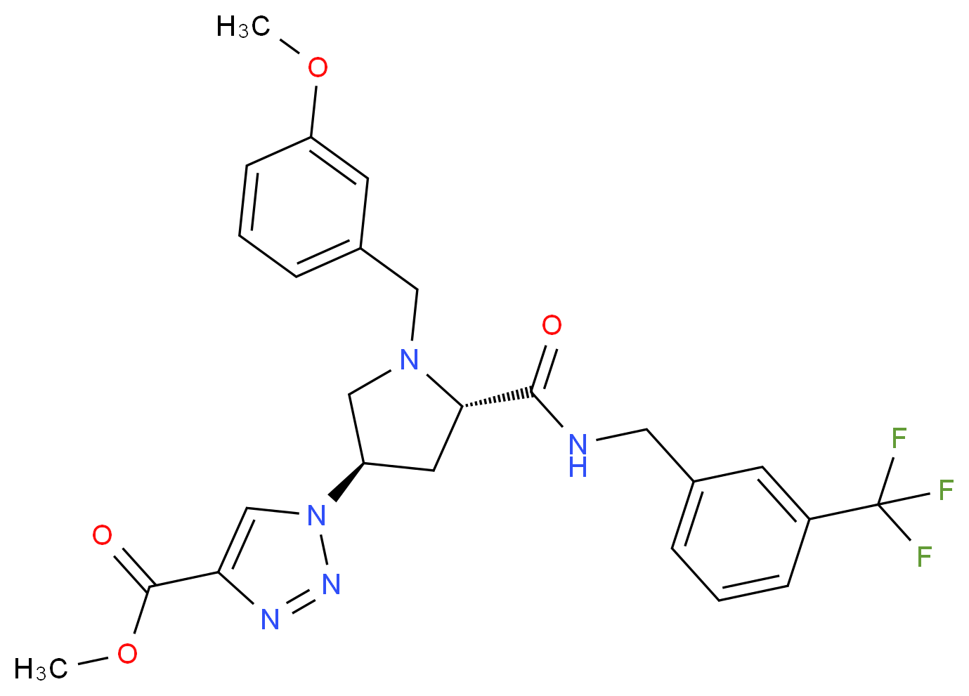 methyl 1-[(3R,5S)-1-(3-methoxybenzyl)-5-({[3-(trifluoromethyl)benzyl]amino}carbonyl)-3-pyrrolidinyl]-1H-1,2,3-triazole-4-carboxylate_分子结构_CAS_)