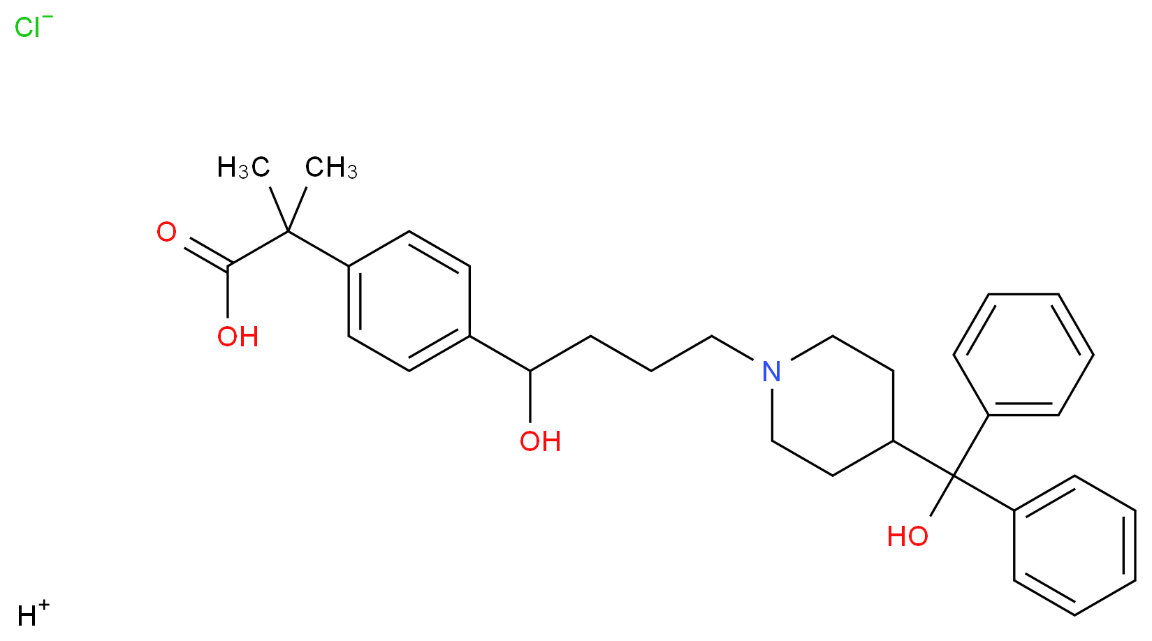 2-(4-(1-Hydroxy-4-(4-(hydroxydiphenylmethyl)piperidin-1-yl)butyl)phenyl)-2-methylpropanoic acid hydrochloride_分子结构_CAS_153439-40-8)