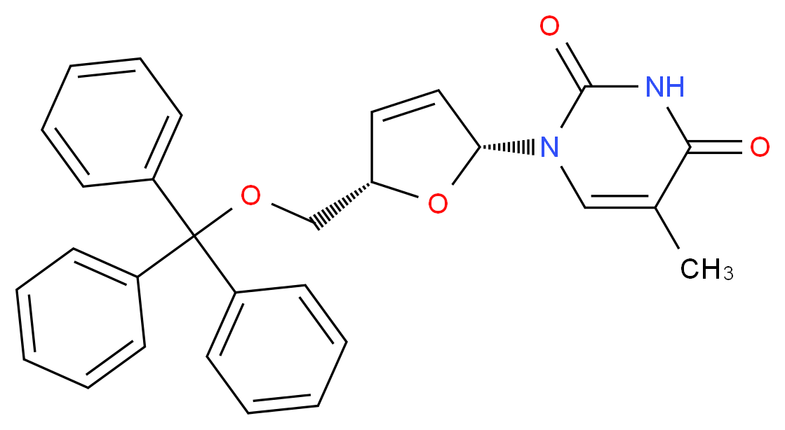 5-methyl-1-[(2R,5S)-5-[(triphenylmethoxy)methyl]-2,5-dihydrofuran-2-yl]-1,2,3,4-tetrahydropyrimidine-2,4-dione_分子结构_CAS_5964-41-0