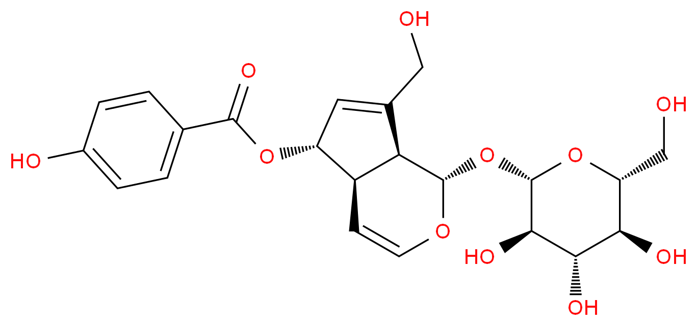 (1S,4aR,5S,7aS)-7-(hydroxymethyl)-1-{[(2S,3R,4S,5S,6R)-3,4,5-trihydroxy-6-(hydroxymethyl)oxan-2-yl]oxy}-1H,4aH,5H,7aH-cyclopenta[c]pyran-5-yl 4-hydroxybenzoate_分子结构_CAS_1016987-87-3