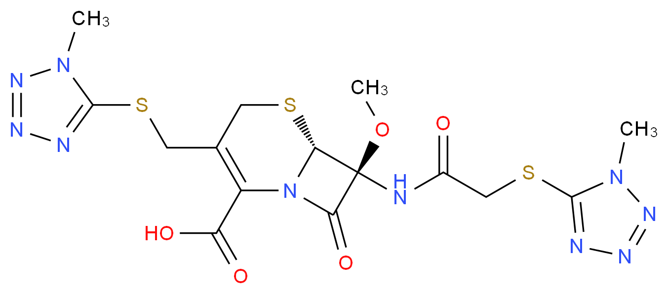 (6R,7S)-7-methoxy-7-{2-[(1-methyl-1H-1,2,3,4-tetrazol-5-yl)sulfanyl]acetamido}-3-{[(1-methyl-1H-1,2,3,4-tetrazol-5-yl)sulfanyl]methyl}-8-oxo-5-thia-1-azabicyclo[4.2.0]oct-2-ene-2-carboxylic acid_分子结构_CAS_74228-11-8