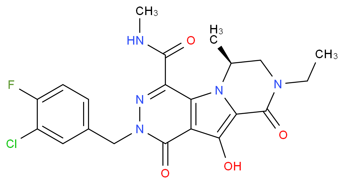 (13S)-5-[(3-chloro-4-fluorophenyl)methyl]-11-ethyl-8-hydroxy-N,13-dimethyl-6,10-dioxo-1,4,5,11-tetraazatricyclo[7.4.0.0<sup>2</sup>,<sup>7</sup>]trideca-2(7),3,8-triene-3-carboxamide_分子结构_CAS_869901-69-9