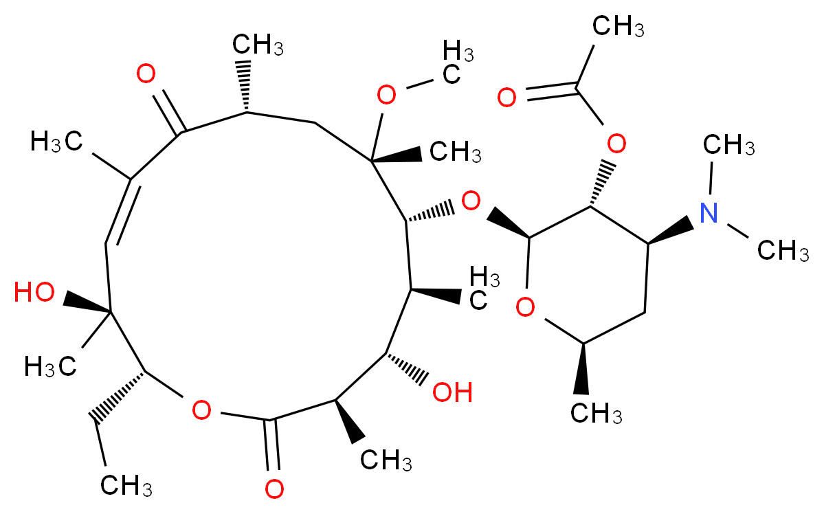 (2S,3R,4S,6R)-4-(dimethylamino)-2-{[(3R,4S,5S,6R,7S,9R,11E,13S,14R)-14-ethyl-4,13-dihydroxy-7-methoxy-3,5,7,9,11,13-hexamethyl-2,10-dioxo-1-oxacyclotetradec-11-en-6-yl]oxy}-6-methyloxan-3-yl acetate_分子结构_CAS_198782-60-4