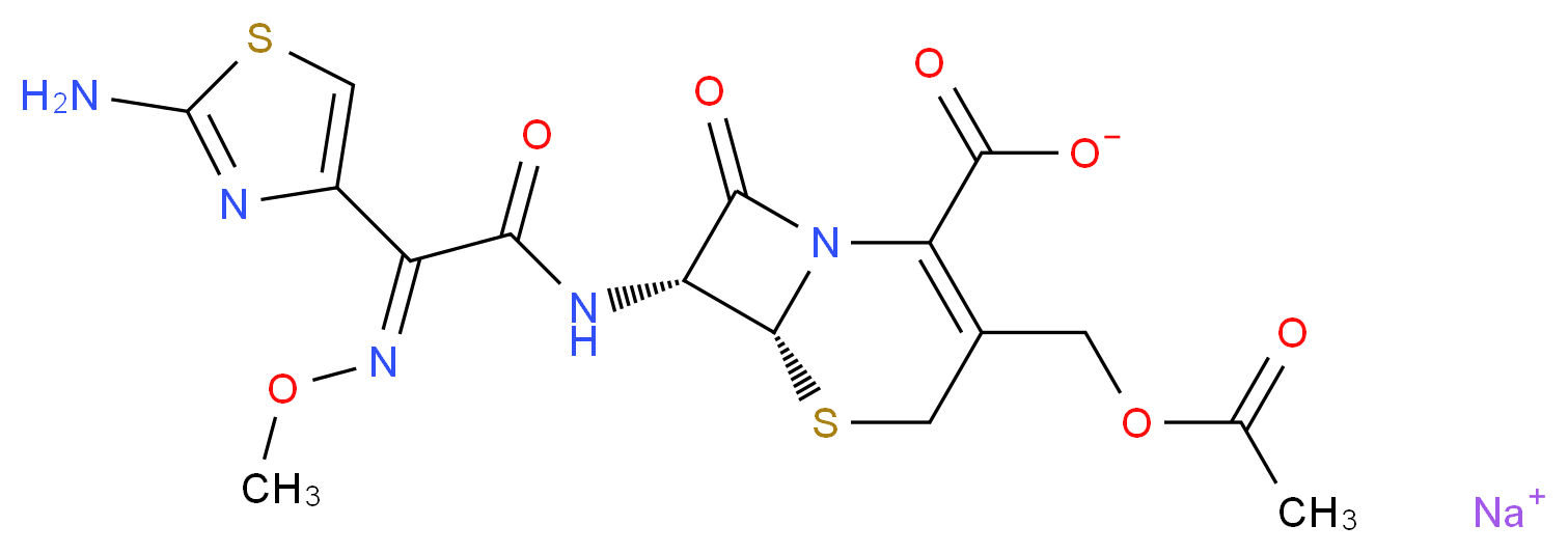sodium (6R,7R)-3-[(acetyloxy)methyl]-7-[2-(2-amino-1,3-thiazol-4-yl)-2-(methoxyimino)acetamido]-8-oxo-5-thia-1-azabicyclo[4.2.0]oct-2-ene-2-carboxylate_分子结构_CAS_64485-93-4