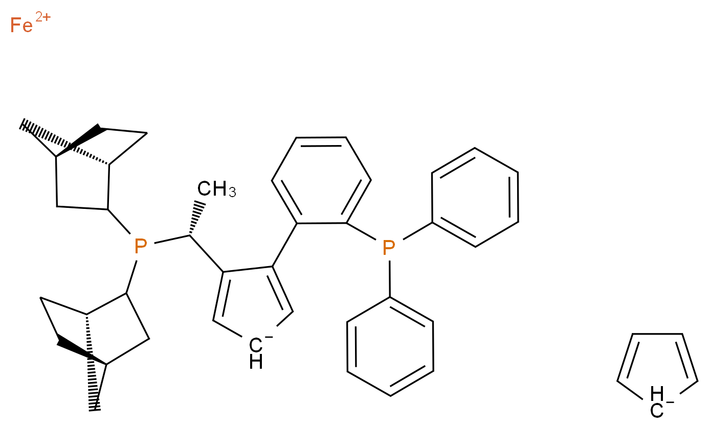 λ<sup>2</sup>-iron(2+) ion 3-[(1R)-1-[bis(1S,4R)-bicyclo[2.2.1]heptan-2-ylphosphanyl]ethyl]-4-[2-(diphenylphosphanyl)phenyl]cyclopenta-2,4-dien-1-ide cyclopenta-2,4-dien-1-ide_分子结构_CAS_849925-29-7