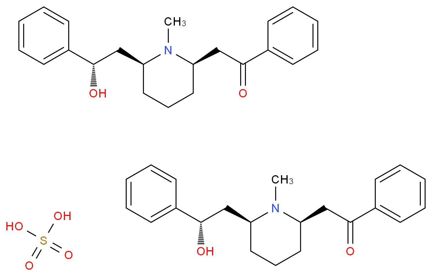 bis(2-[(2R,6S)-6-[(2S)-2-hydroxy-2-phenylethyl]-1-methylpiperidin-2-yl]-1-phenylethan-1-one); sulfuric acid_分子结构_CAS_134-64-5