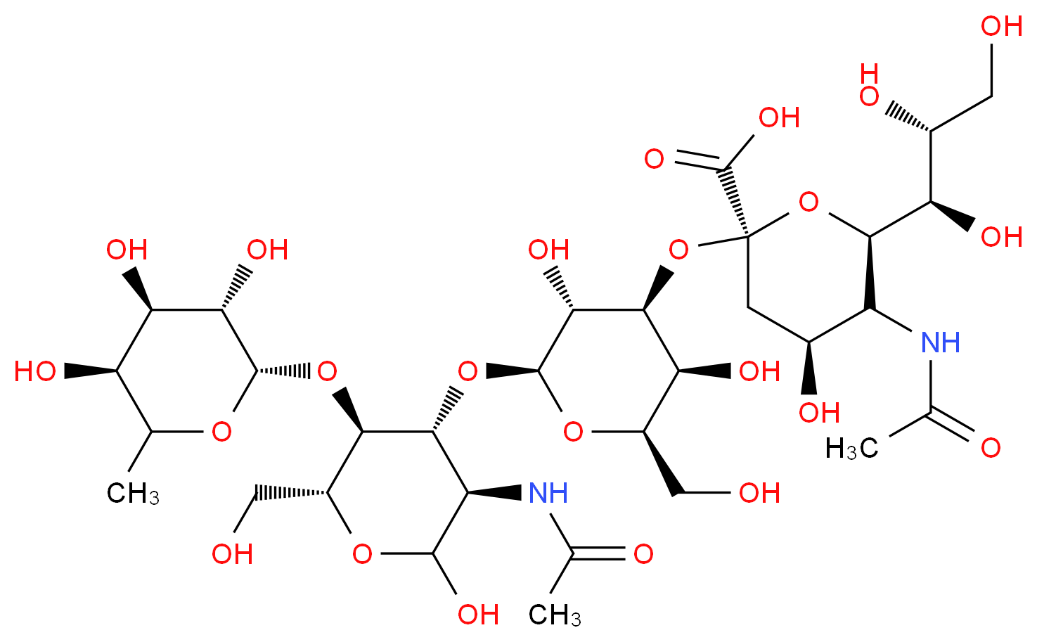 (2S,4S,6R)-5-acetamido-2-{[(2R,3R,4S,5S,6R)-2-{[(3R,4R,5S,6R)-3-acetamido-2-hydroxy-6-(hydroxymethyl)-5-{[(2S,3S,4R,5S)-3,4,5-trihydroxy-6-methyloxan-2-yl]oxy}oxan-4-yl]oxy}-3,5-dihydroxy-6-(hydroxymethyl)oxan-4-yl]oxy}-4-hydroxy-6-[(1R,2R)-1,2,3-trihydroxypropyl]oxane-2-carboxylic acid_分子结构_CAS_92448-22-1