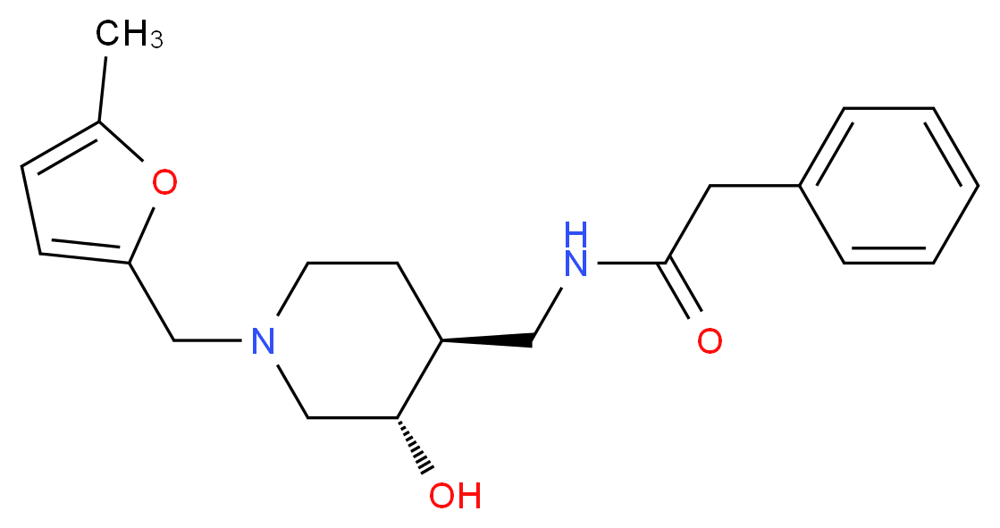 N-({(3S*,4S*)-3-hydroxy-1-[(5-methyl-2-furyl)methyl]piperidin-4-yl}methyl)-2-phenylacetamide_分子结构_CAS_)