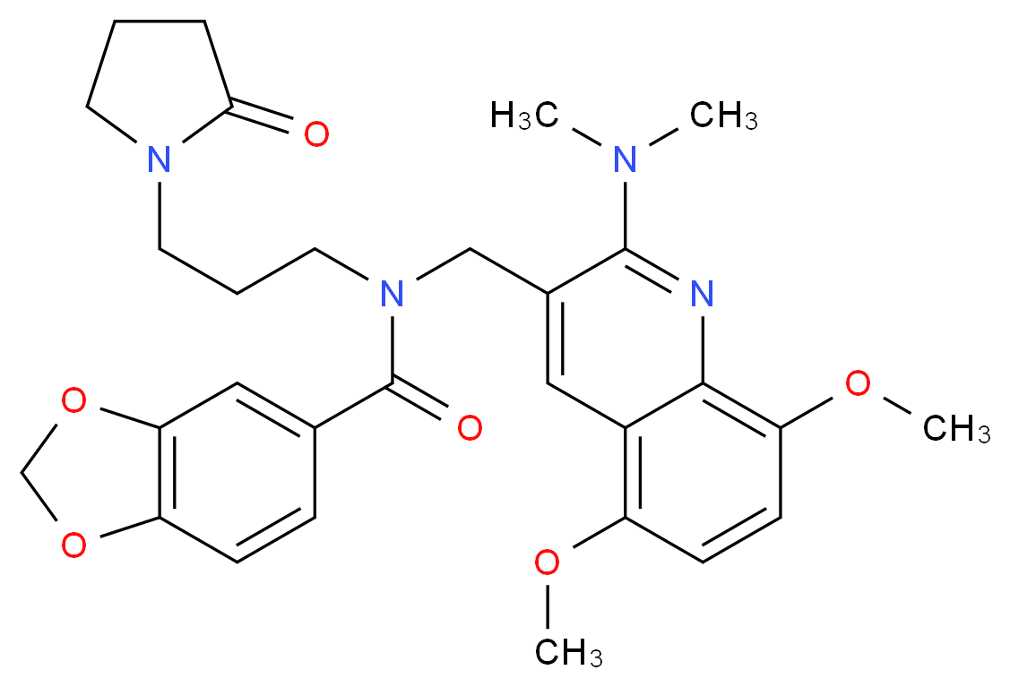 N-{[2-(dimethylamino)-5,8-dimethoxy-3-quinolinyl]methyl}-N-[3-(2-oxo-1-pyrrolidinyl)propyl]-1,3-benzodioxole-5-carboxamide_分子结构_CAS_)