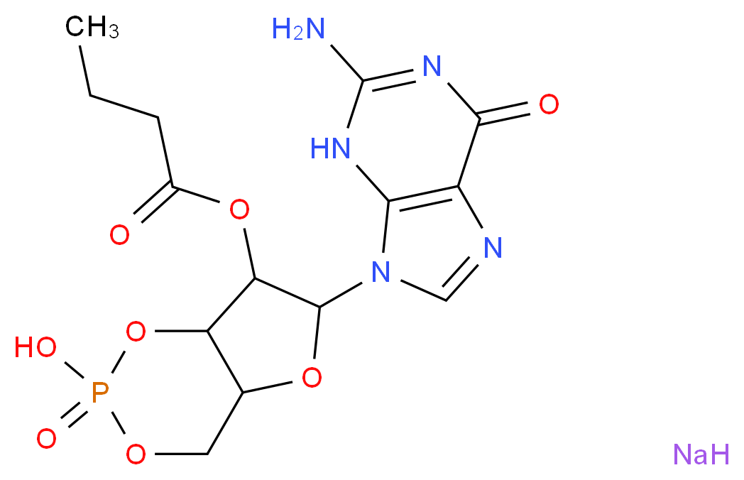 6-(2-amino-6-oxo-6,9-dihydro-3H-purin-9-yl)-2-hydroxy-2-oxo-hexahydro-1,3,5,2λ<sup>5</sup>-furo[3,2-d][1,3,2λ<sup>5</sup>]dioxaphosphinin-7-yl butanoate sodium_分子结构_CAS_58329-72-9