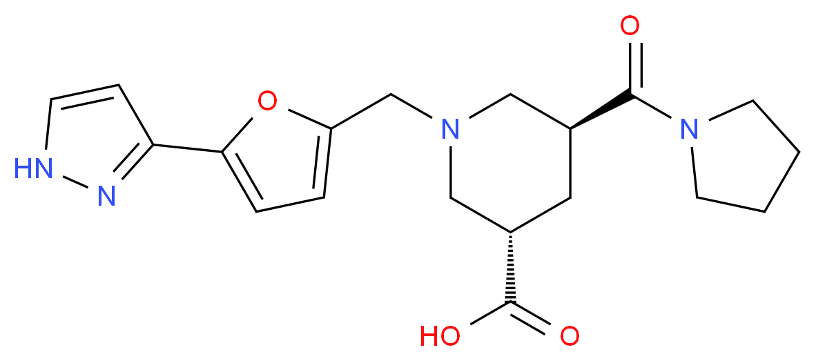 (3S*,5S*)-1-{[5-(1H-pyrazol-3-yl)-2-furyl]methyl}-5-(1-pyrrolidinylcarbonyl)-3-piperidinecarboxylic acid_分子结构_CAS_)