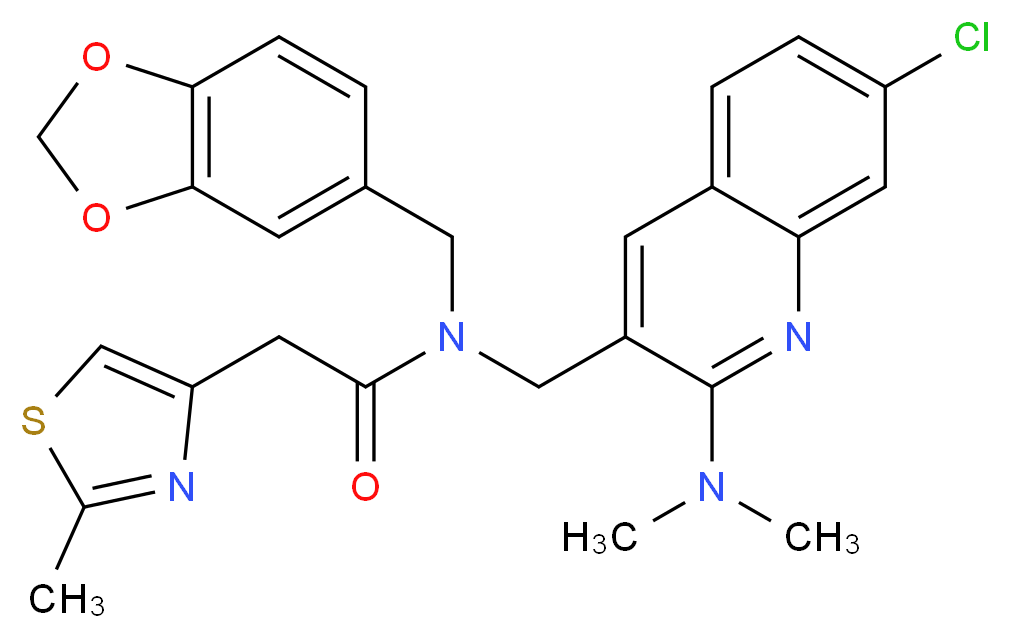 N-(1,3-benzodioxol-5-ylmethyl)-N-{[7-chloro-2-(dimethylamino)-3-quinolinyl]methyl}-2-(2-methyl-1,3-thiazol-4-yl)acetamide_分子结构_CAS_)