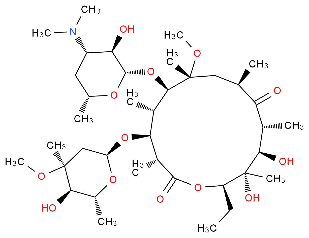 (3R,4S,5S,6R,7R,9R,11R,12R,13S,14R)-6-{[(2S,3R,4S,6R)-4-(dimethylamino)-3-hydroxy-6-methyloxan-2-yl]oxy}-14-ethyl-12,13-dihydroxy-4-{[(2S,4S,5R,6R)-5-hydroxy-4-methoxy-4,6-dimethyloxan-2-yl]oxy}-7-methoxy-3,5,7,9,11,13-hexamethyl-1-oxacyclotetradecane-2,10-dione_分子结构_CAS_81103-11-9