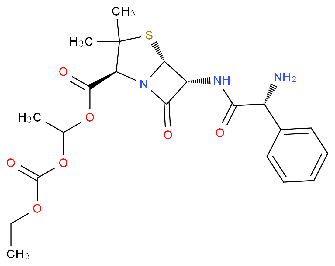 1-[(ethoxycarbonyl)oxy]ethyl (2S,5R,6R)-6-[(2R)-2-amino-2-phenylacetamido]-3,3-dimethyl-7-oxo-4-thia-1-azabicyclo[3.2.0]heptane-2-carboxylate_分子结构_CAS_50972-17-3