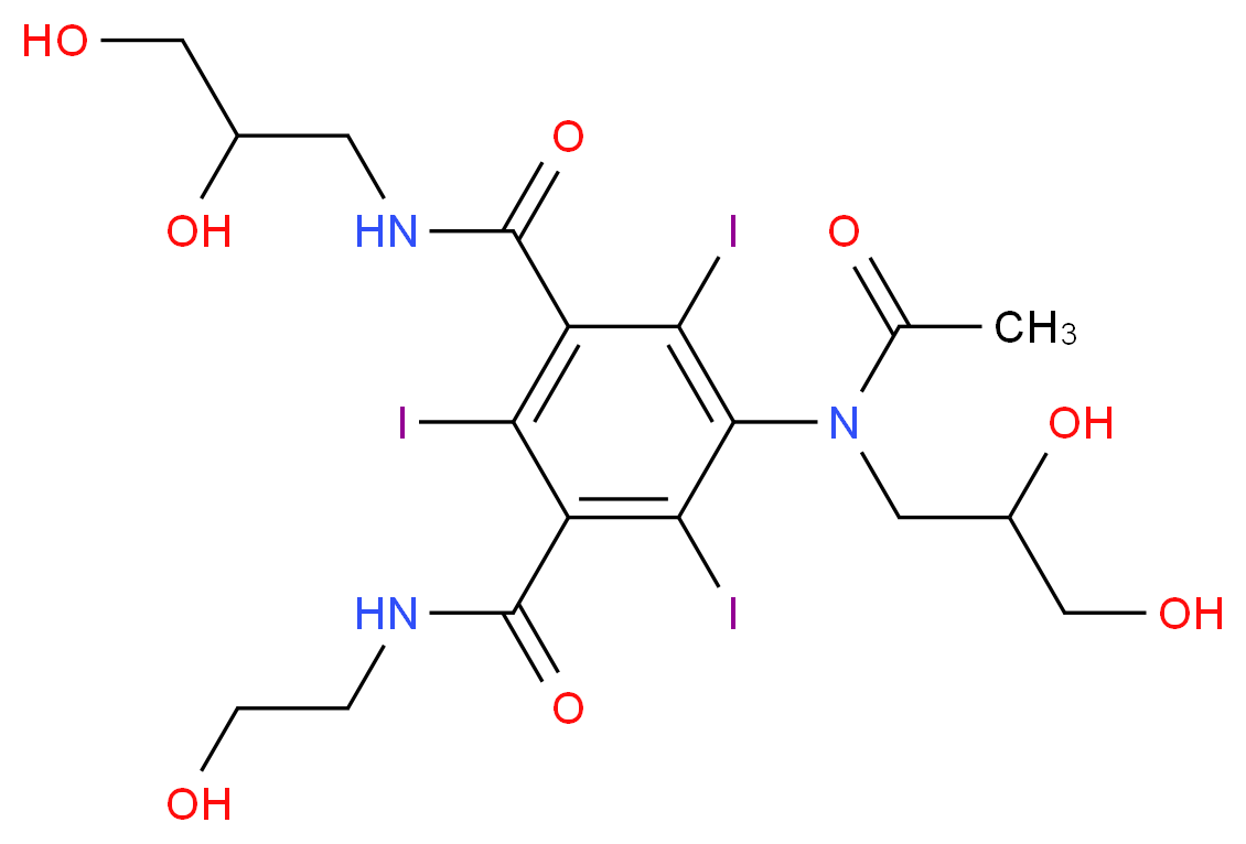 1-N-(2,3-dihydroxypropyl)-5-[N-(2,3-dihydroxypropyl)acetamido]-3-N-(2-hydroxyethyl)-2,4,6-triiodobenzene-1,3-dicarboxamide_分子结构_CAS_107793-72-6