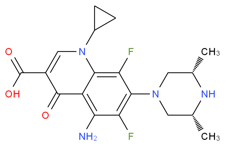 5-amino-1-cyclopropyl-7-((3R,5S)-3,5-dimethylpiperazin-1-yl)-6,8-difluoro-4-oxo-1,4-dihydroquinoline-3-carboxylic acid_分子结构_CAS_)