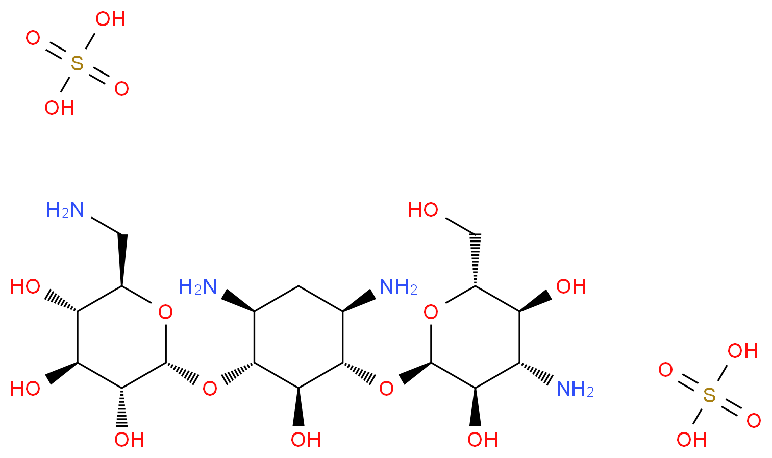 (2R,3S,4S,5R,6R)-2-(aminomethyl)-6-{[(1R,2R,3S,4R,6S)-4,6-diamino-3-{[(2S,3R,4S,5S,6R)-4-amino-3,5-dihydroxy-6-(hydroxymethyl)oxan-2-yl]oxy}-2-hydroxycyclohexyl]oxy}oxane-3,4,5-triol; bis(sulfuric acid)_分子结构_CAS_64013-70-3