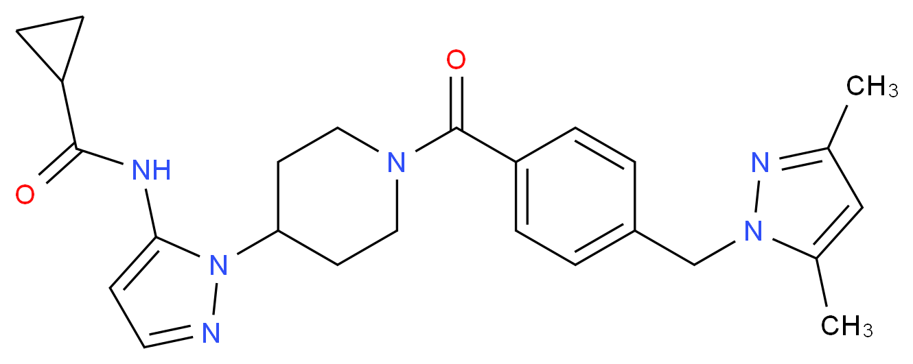 N-[1-(1-{4-[(3,5-dimethyl-1H-pyrazol-1-yl)methyl]benzoyl}-4-piperidinyl)-1H-pyrazol-5-yl]cyclopropanecarboxamide_分子结构_CAS_)