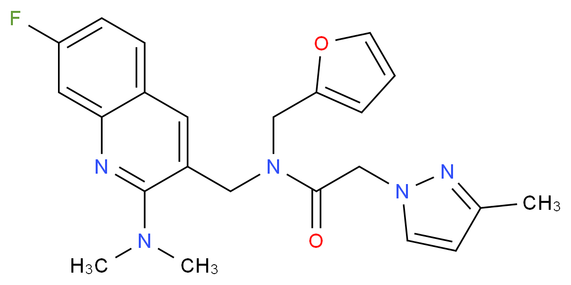 N-{[2-(dimethylamino)-7-fluoro-3-quinolinyl]methyl}-N-(2-furylmethyl)-2-(3-methyl-1H-pyrazol-1-yl)acetamide_分子结构_CAS_)