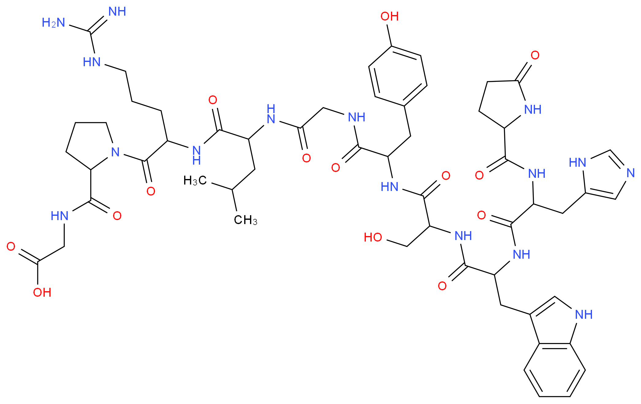 2-({1-[5-carbamimidamido-2-(2-{2-[2-(3-hydroxy-2-{2-[3-(1H-imidazol-5-yl)-2-[(5-oxopyrrolidin-2-yl)formamido]propanamido]-3-(1H-indol-3-yl)propanamido}propanamido)-3-(4-hydroxyphenyl)propanamido]acetamido}-4-methylpentanamido)pentanoyl]pyrrolidin-2-yl}formamido)acetic acid_分子结构_CAS_35263-73-1