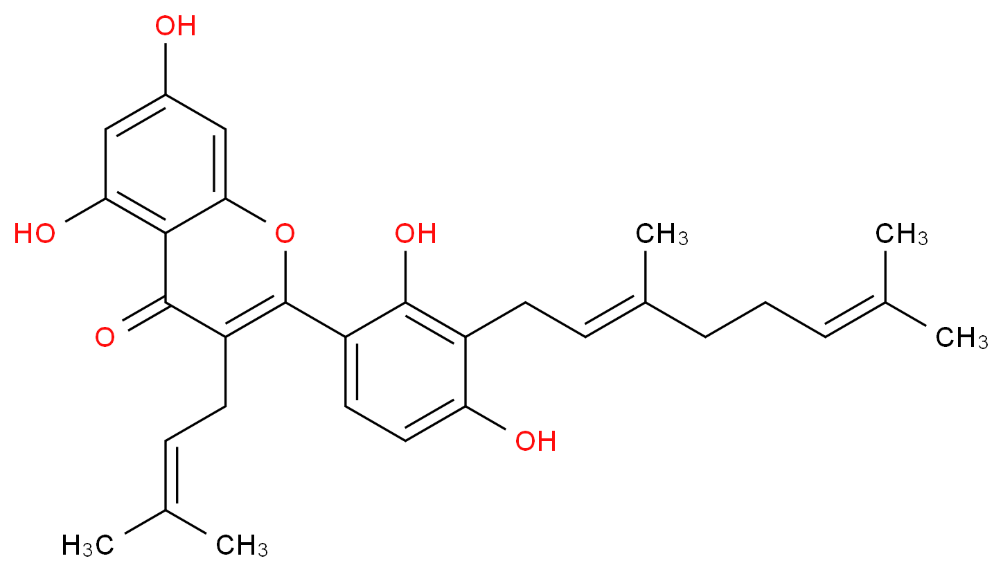 2-{3-[(2E)-3,7-dimethylocta-2,6-dien-1-yl]-2,4-dihydroxyphenyl}-5,7-dihydroxy-3-(3-methylbut-2-en-1-yl)-4H-chromen-4-one_分子结构_CAS_1334309-44-2