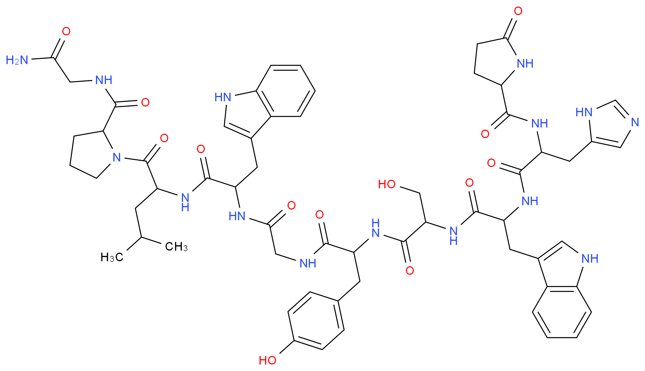 N-(1-{[({1-[(1-{2-[(carbamoylmethyl)carbamoyl]pyrrolidin-1-yl}-4-methyl-1-oxopentan-2-yl)carbamoyl]-2-(1H-indol-3-yl)ethyl}carbamoyl)methyl]carbamoyl}-2-(4-hydroxyphenyl)ethyl)-3-hydroxy-2-{2-[3-(1H-imidazol-5-yl)-2-[(5-oxopyrrolidin-2-yl)formamido]propanamido]-3-(1H-indol-3-yl)propanamido}propanamide_分子结构_CAS_86073-88-3
