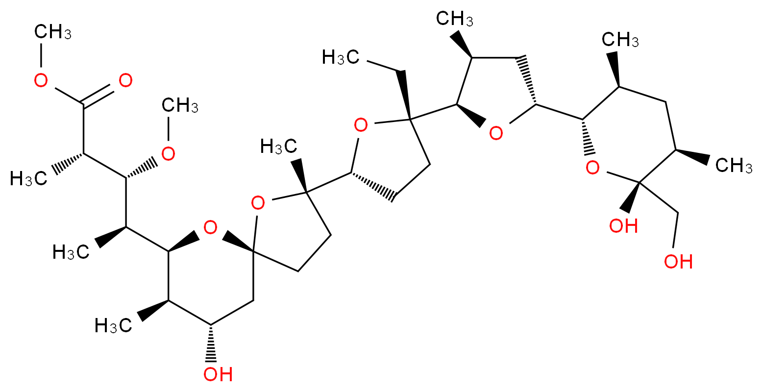 methyl (2S,3R,4S)-4-[(2S,5R,7S,8R,9S)-2-[(2R,5S)-5-ethyl-5-[(2R,3S,5R)-5-[(2S,3S,5R,6R)-6-hydroxy-6-(hydroxymethyl)-3,5-dimethyloxan-2-yl]-3-methyloxolan-2-yl]oxolan-2-yl]-9-hydroxy-2,8-dimethyl-1,6-dioxaspiro[4.5]decan-7-yl]-3-methoxy-2-methylpentanoate_分子结构_CAS_28636-21-7